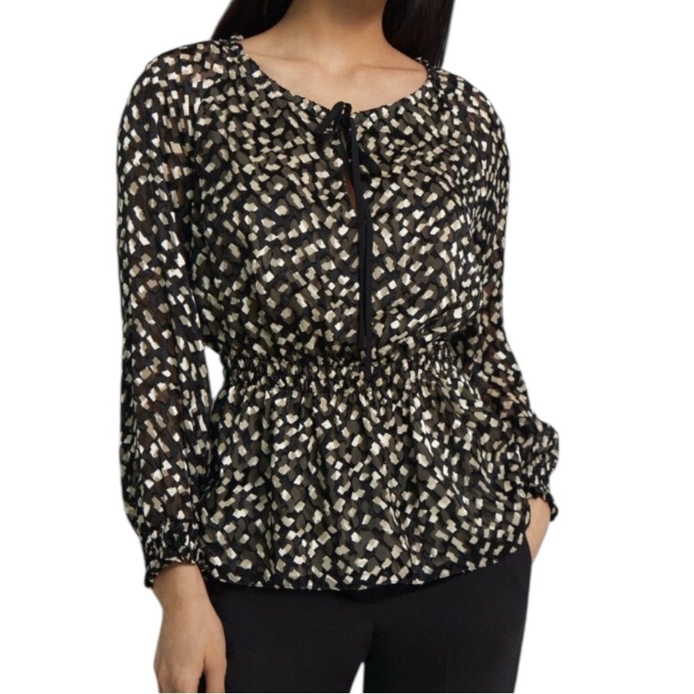 THEORY Size Small Silk Blend Black Cream Burnout Print Long Sleeve Boho Top